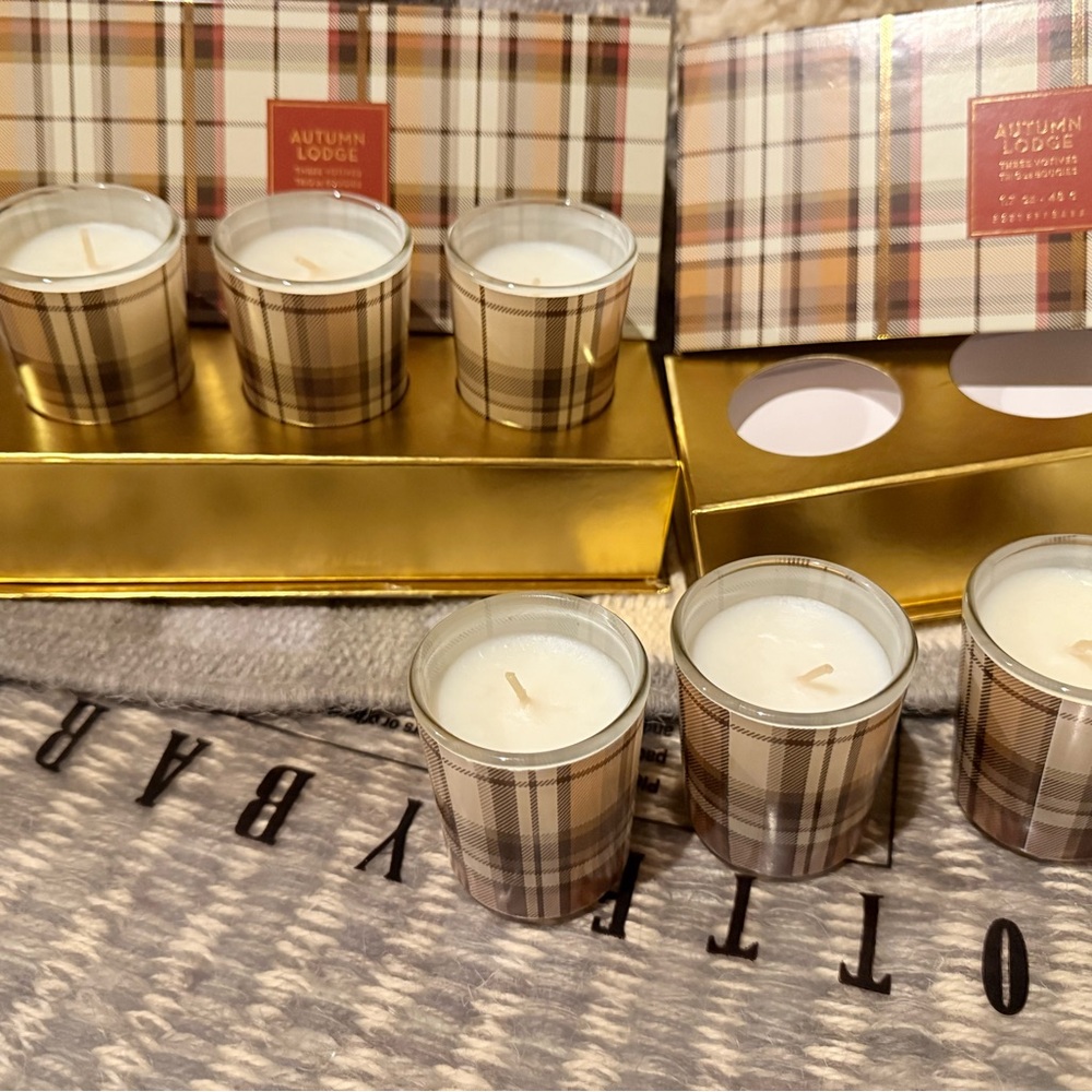 New Pottery Barn Autumn Lodge Scented Candle filled Votive Set of 3, Plaid, #2
